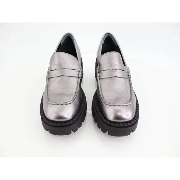 Free People Womens Lyra Lug Sole Penny Loafers Chunky Silver Leather 36 6 - Picture 3 of 14